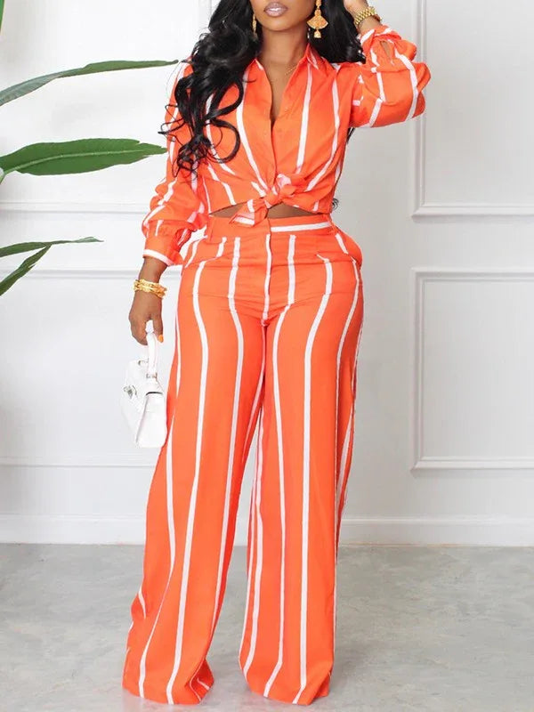 Women's Striped Button-Down Shirt & Wide-Leg Pants Set