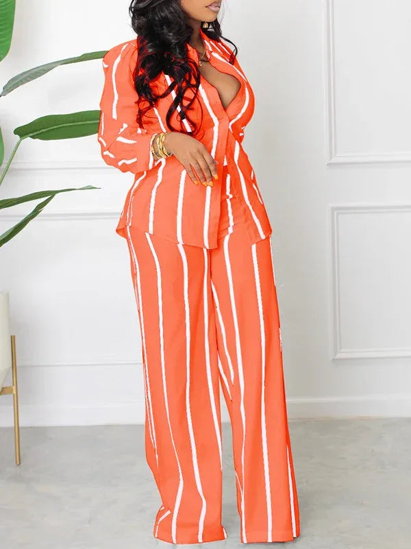 Women's Striped Button-Down Shirt & Wide-Leg Pants Set