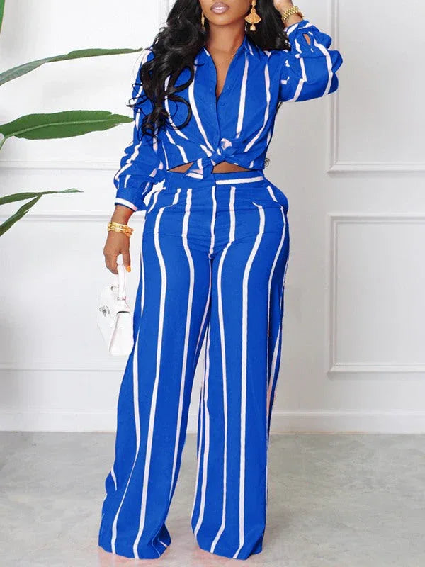 Women's Striped Button-Down Shirt & Wide-Leg Pants Set