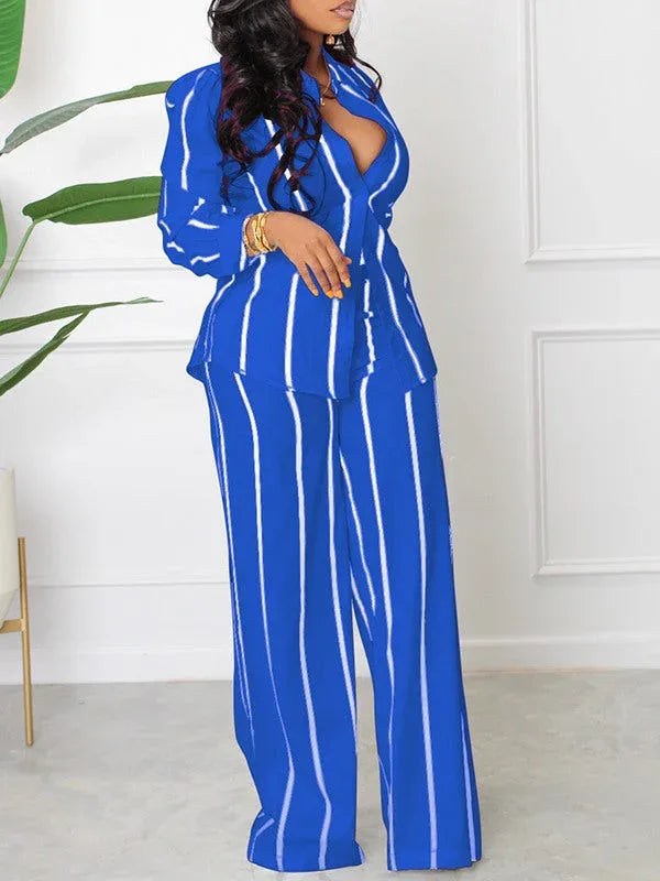 Women's Striped Button-Down Shirt & Wide-Leg Pants Set