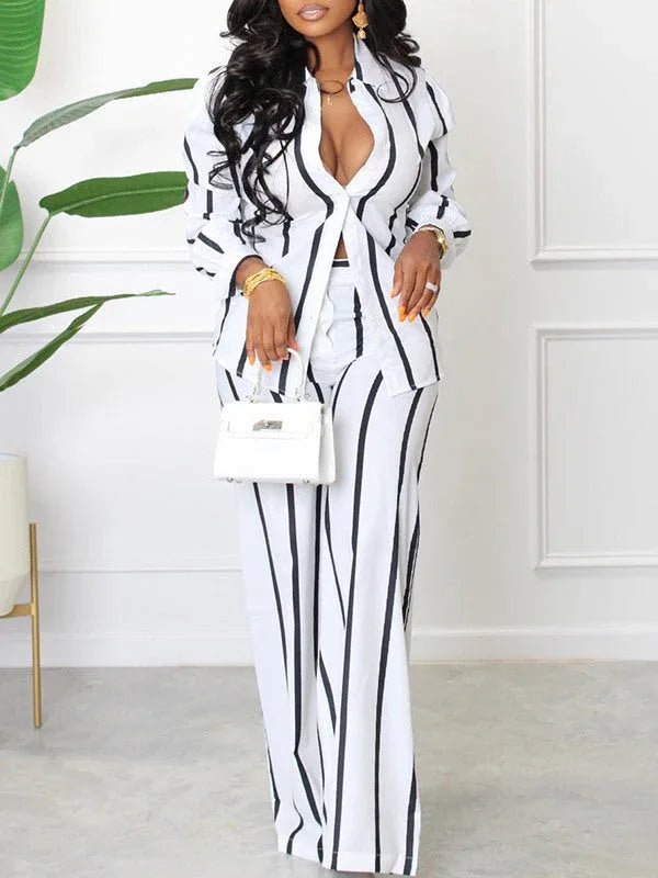 Women's Striped Button-Down Shirt & Wide-Leg Pants Set