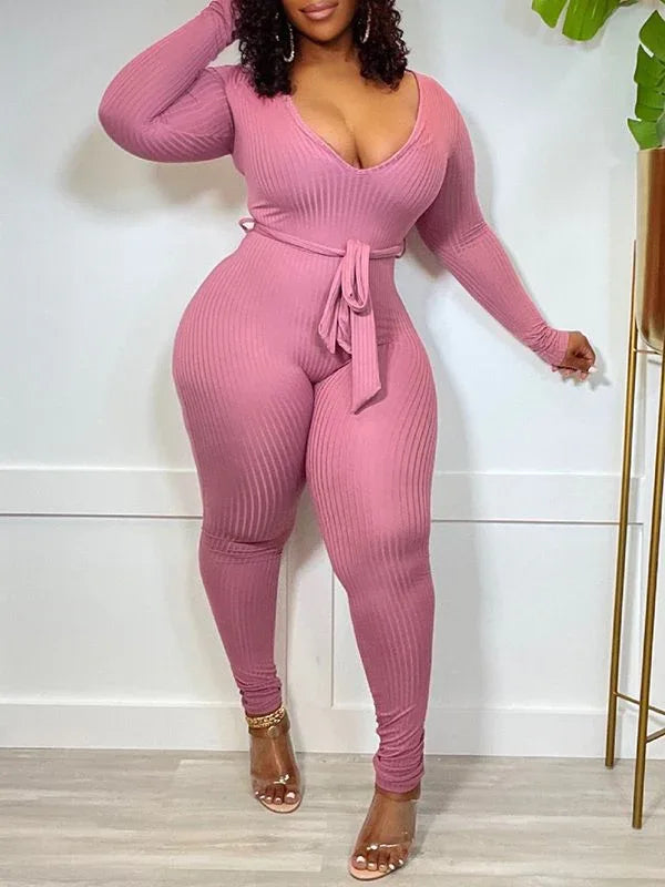 Women's Solid Ribbed Tied-Waist Sleeveless Jumpsuit