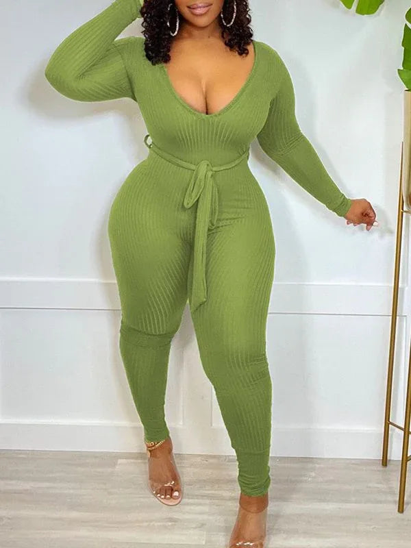 Women's Solid Ribbed Tied-Waist Sleeveless Jumpsuit