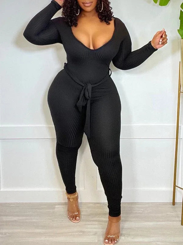 Women's Solid Ribbed Tied-Waist Sleeveless Jumpsuit