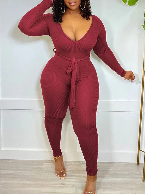 Women's Solid Ribbed Tied-Waist Sleeveless Jumpsuit