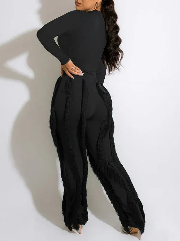 Women's Solid Sleeveless Bodysuit & Boho Fringe Pants Set