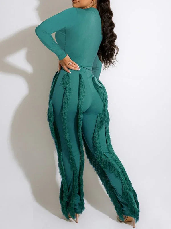 Women's Solid Sleeveless Bodysuit & Boho Fringe Pants Set