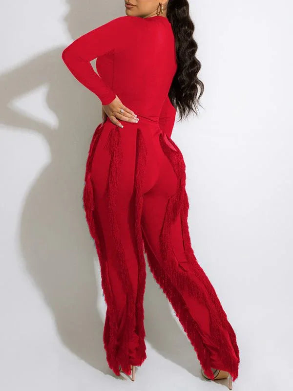 Women's Solid Sleeveless Bodysuit & Boho Fringe Pants Set