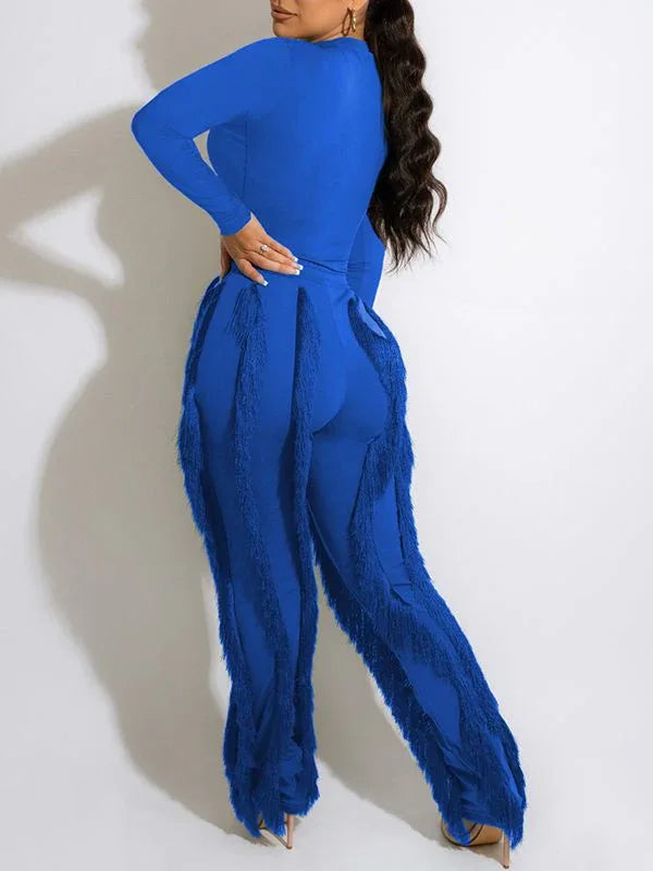 Women's Solid Sleeveless Bodysuit & Boho Fringe Pants Set