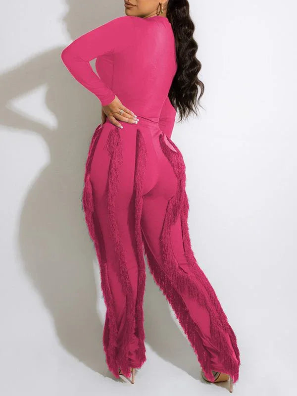 Women's Solid Sleeveless Bodysuit & Boho Fringe Pants Set