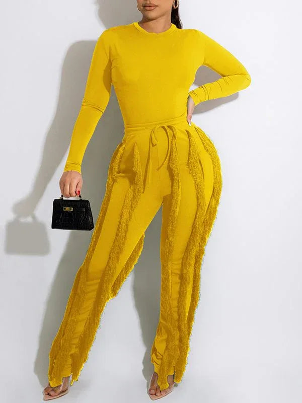 Women's Solid Sleeveless Bodysuit & Boho Fringe Pants Set