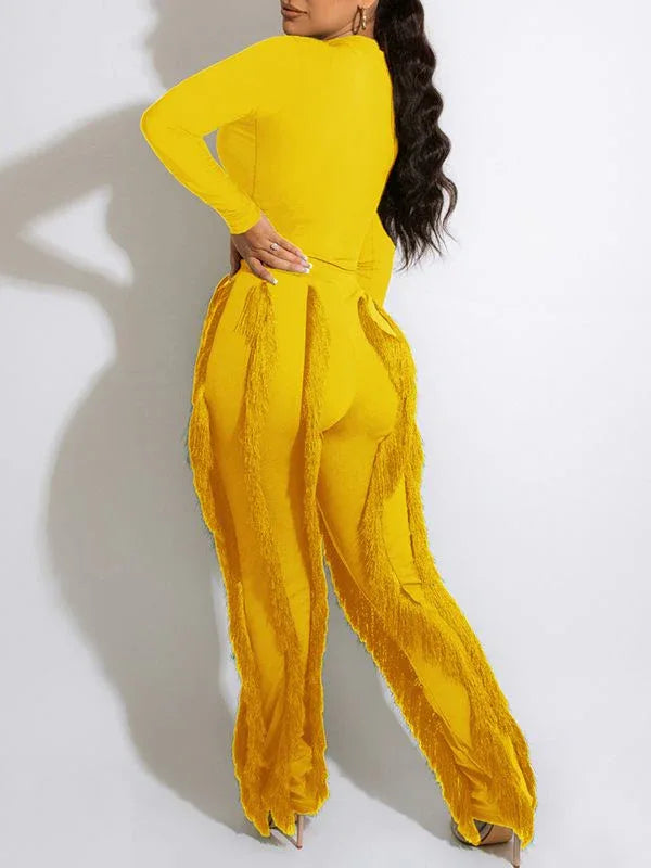 Women's Solid Sleeveless Bodysuit & Boho Fringe Pants Set