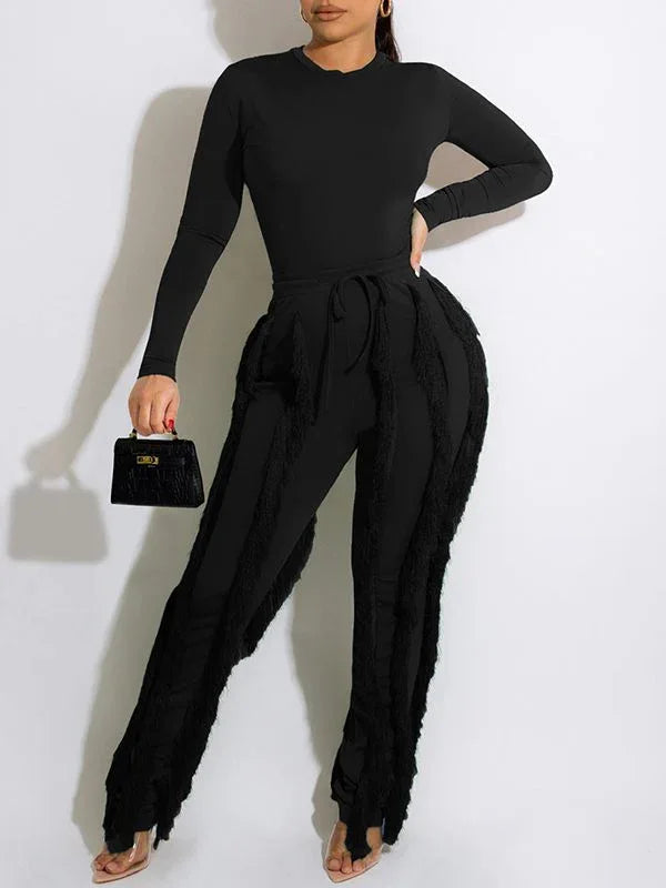 Women's Solid Sleeveless Bodysuit & Boho Fringe Pants Set