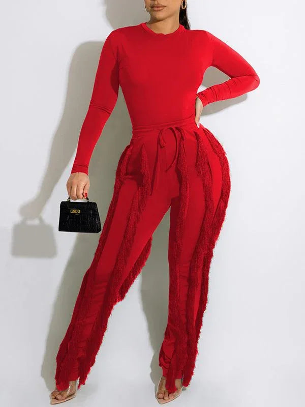 Women's Solid Sleeveless Bodysuit & Boho Fringe Pants Set