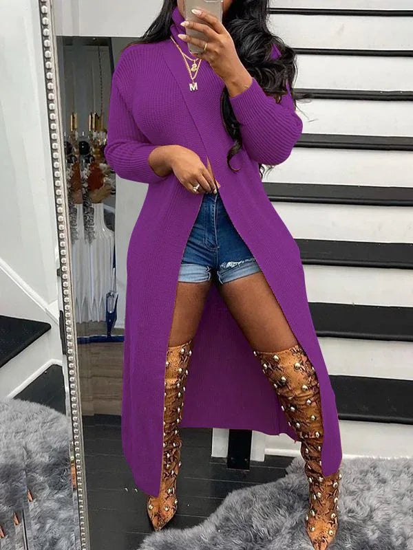 Women's Turtleneck Side-Slit Ribbed Knit Long Tunic Top