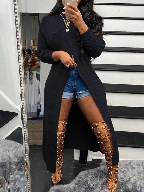 Women's Turtleneck Side-Slit Ribbed Knit Long Tunic Top