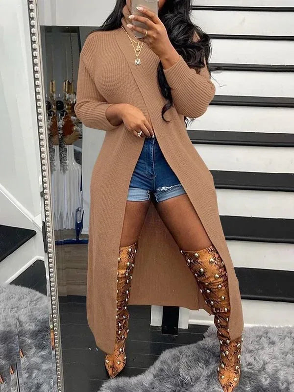 Women's Turtleneck Side-Slit Ribbed Knit Long Tunic Top