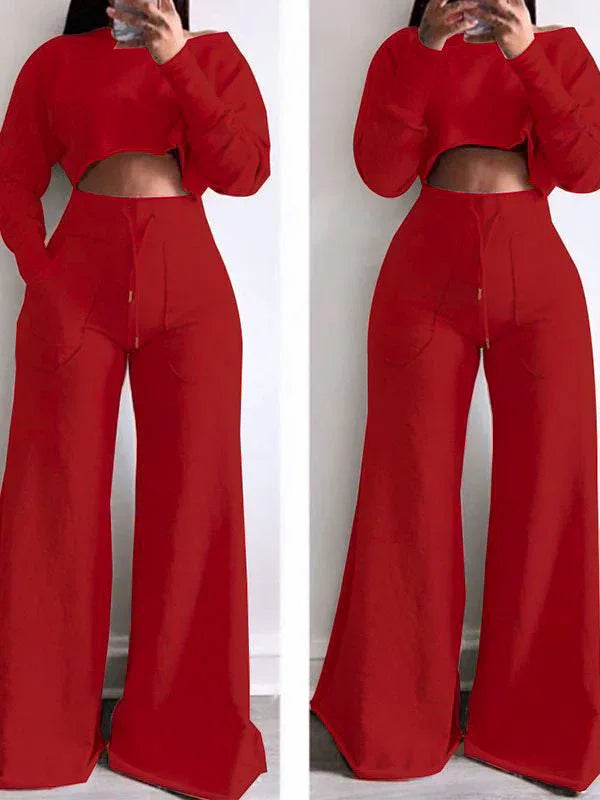 Women's Raw-Cut Hem Casual Sweatshirt & Wide-Leg Pants Set