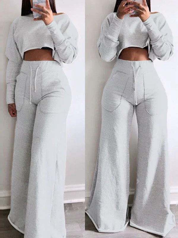 Women's Raw-Cut Hem Casual Sweatshirt & Wide-Leg Pants Set