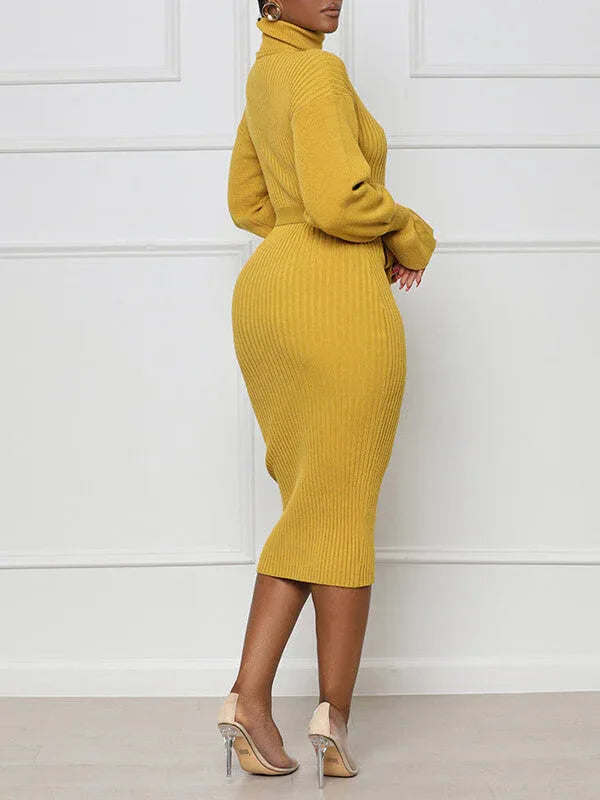 Women's Turtleneck Tied Knit Midi Dress