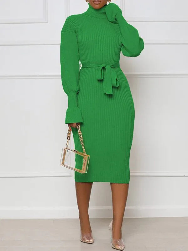 Women's Turtleneck Tied Knit Midi Dress