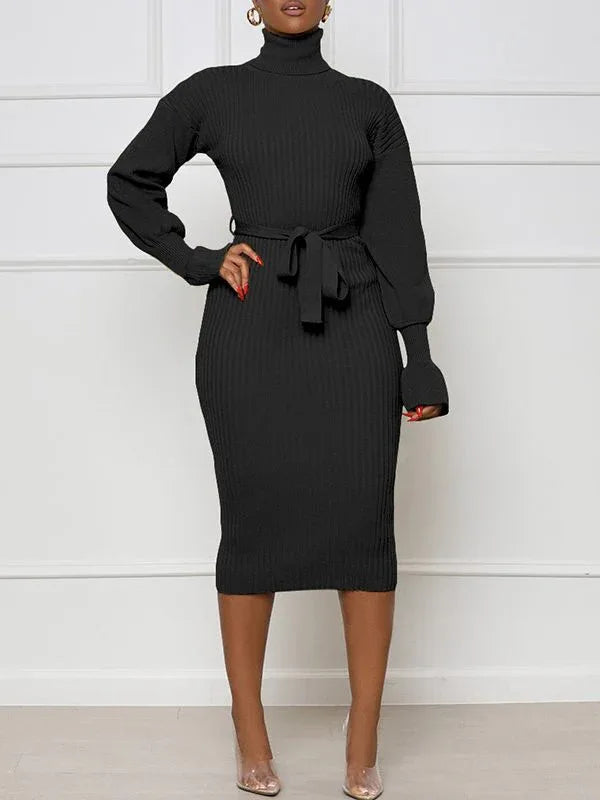 Women's Turtleneck Tied Knit Midi Dress