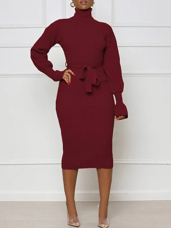 Women's Turtleneck Tied Knit Midi Dress