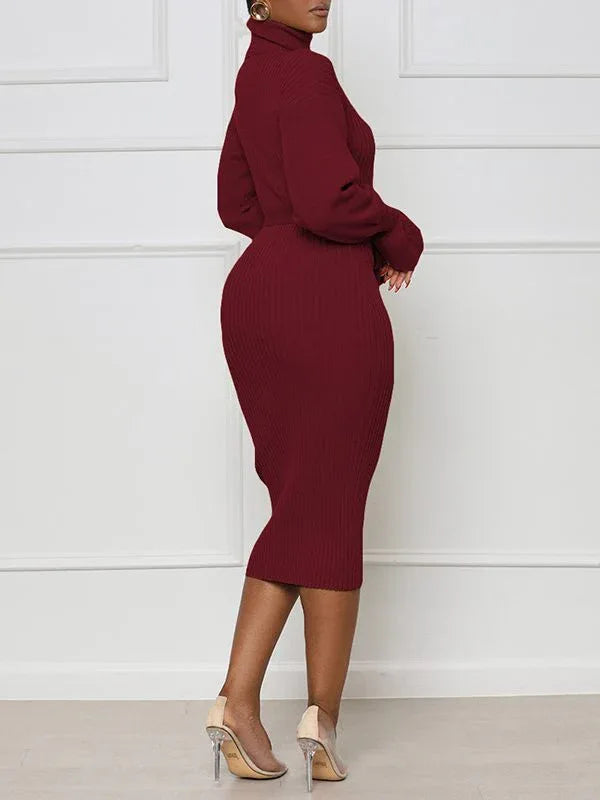 Women's Turtleneck Tied Knit Midi Dress