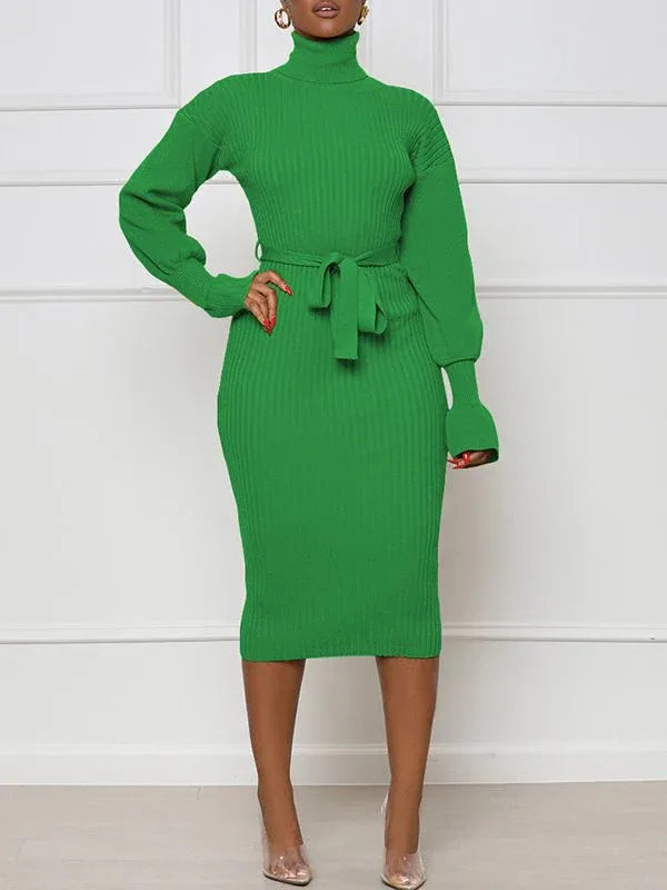 Women's Turtleneck Tied Knit Midi Dress