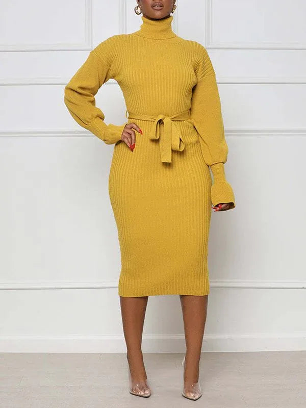 Women's Turtleneck Tied Knit Midi Dress