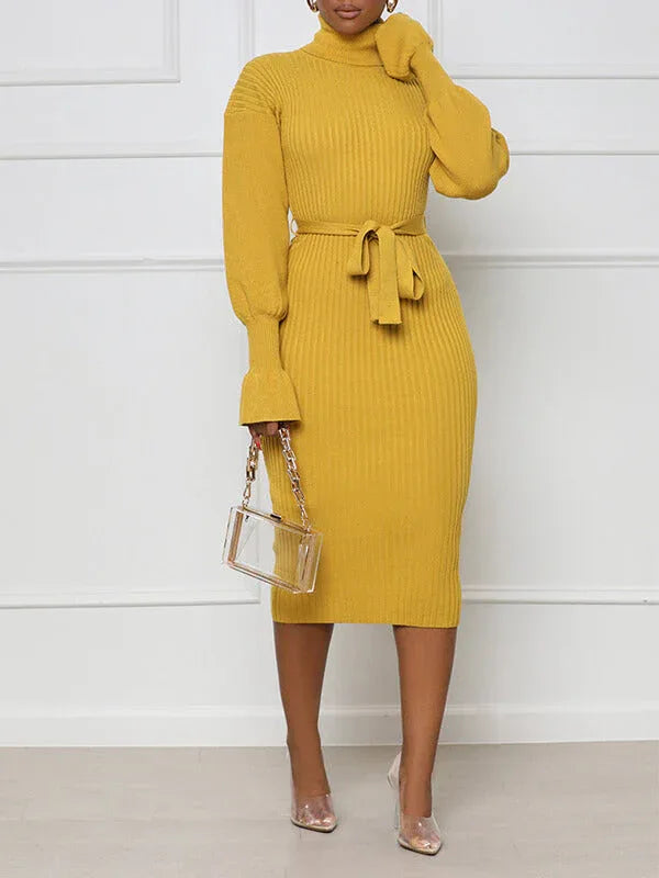 Women's Turtleneck Tied Knit Midi Dress