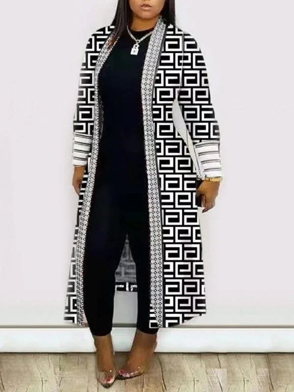 Women's Printed Bishop-Sleeve Open-Front Duster Coat