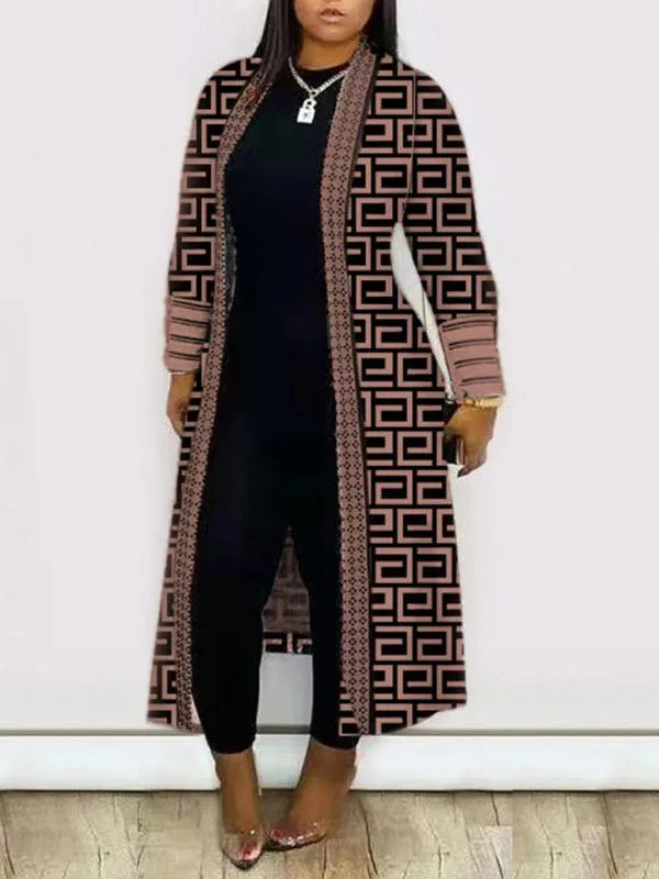 Women's Printed Bishop-Sleeve Open-Front Duster Coat