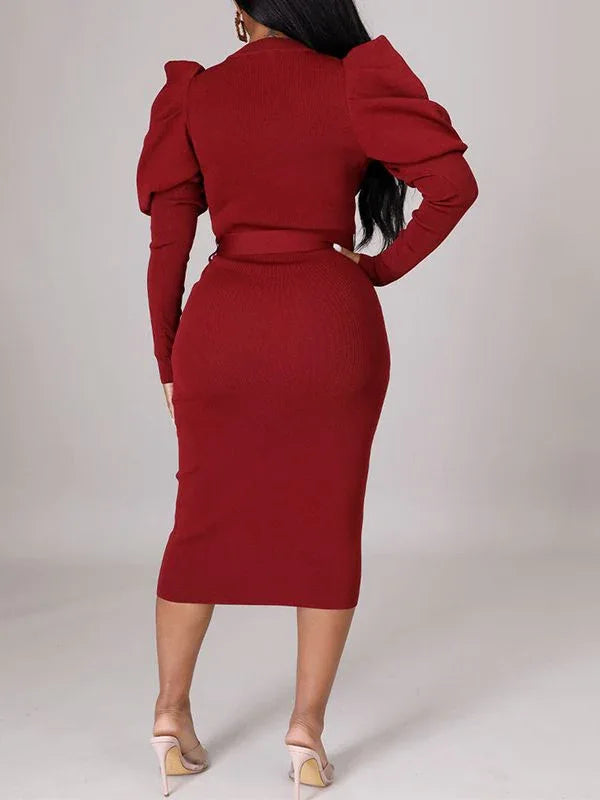 Women's Puff-Sleeve Tied Midi Dress