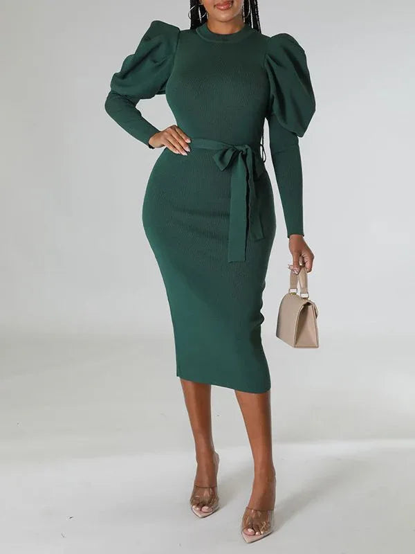 Women's Puff-Sleeve Tied Midi Dress