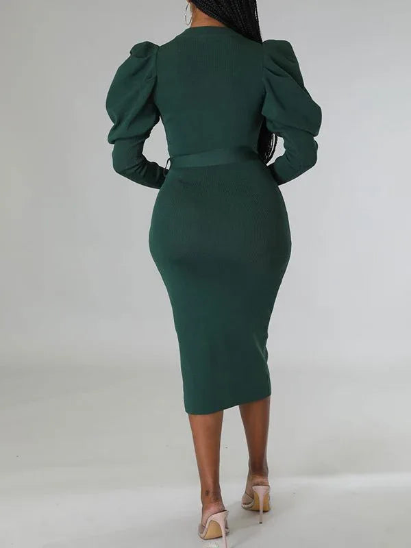 Women's Puff-Sleeve Tied Midi Dress
