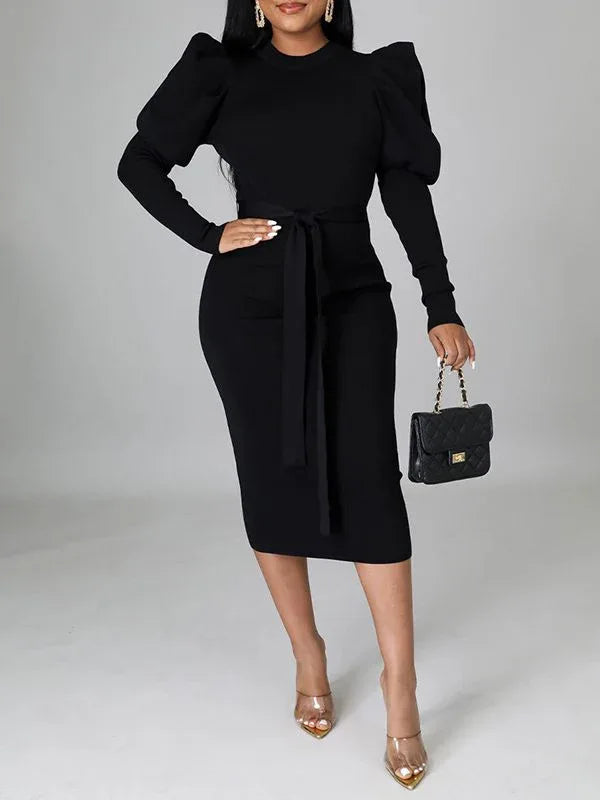 Women's Puff-Sleeve Tied Midi Dress