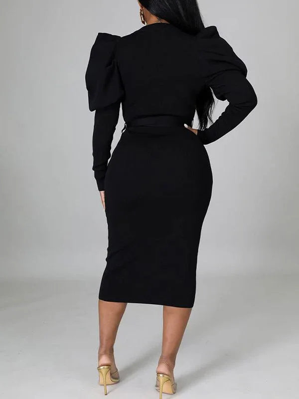 Women's Puff-Sleeve Tied Midi Dress