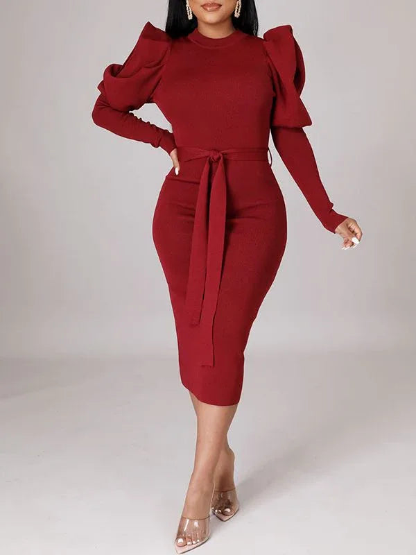 Women's Puff-Sleeve Tied Midi Dress