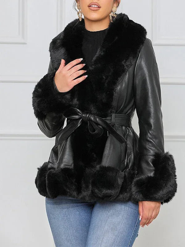 Women's Faux-Fur Trim Faux-Leather Zip-Front Moto Jacket