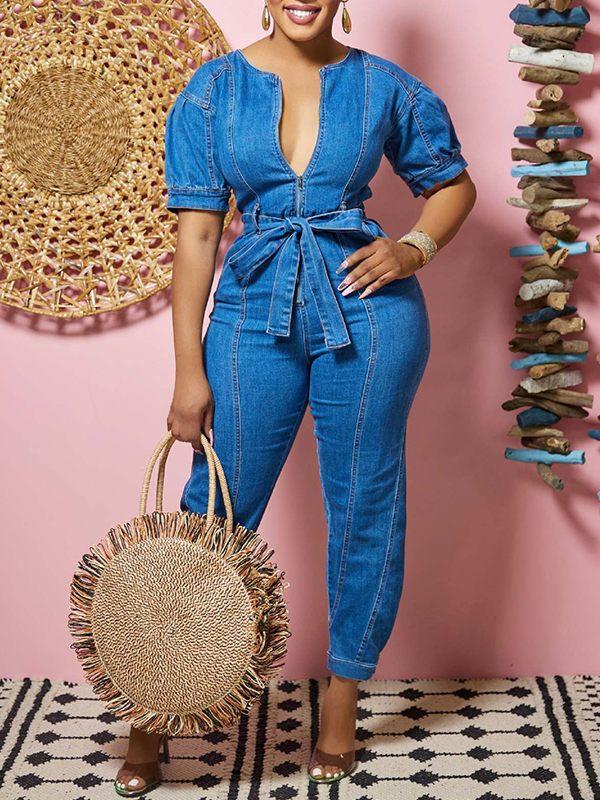 Women's Zip-Front Tied-Waist Denim Jumpsuit