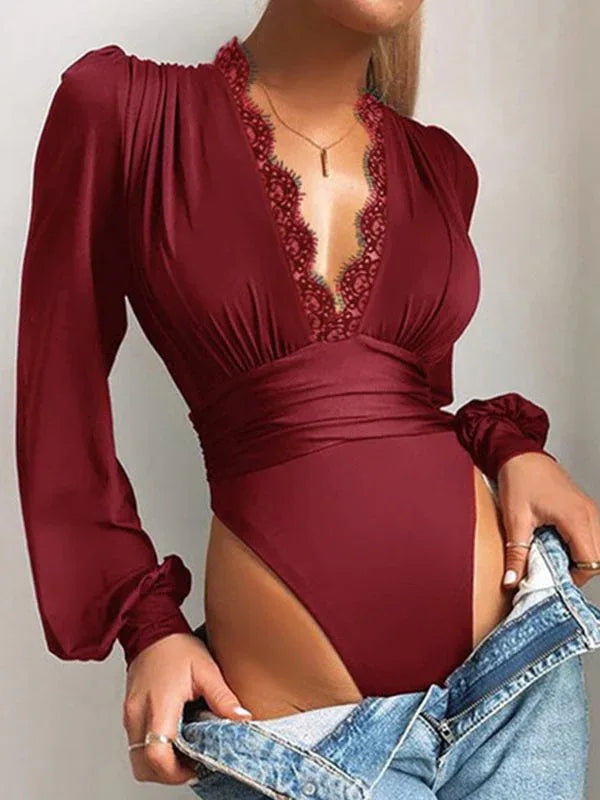 Women's Lace Trim V-Neck Sleeveless Stretch Bodysuit