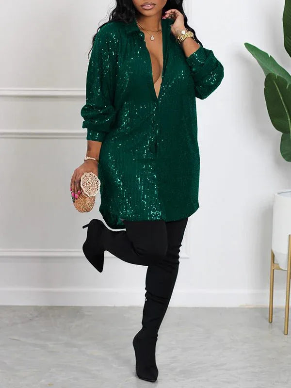 Women's Sequin Shirt Midi Dress