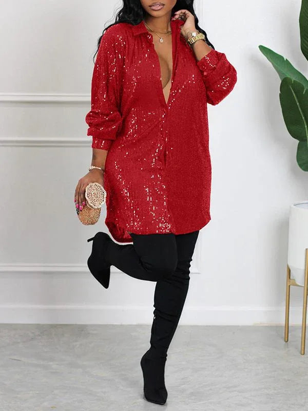 Women's Sequin Shirt Midi Dress