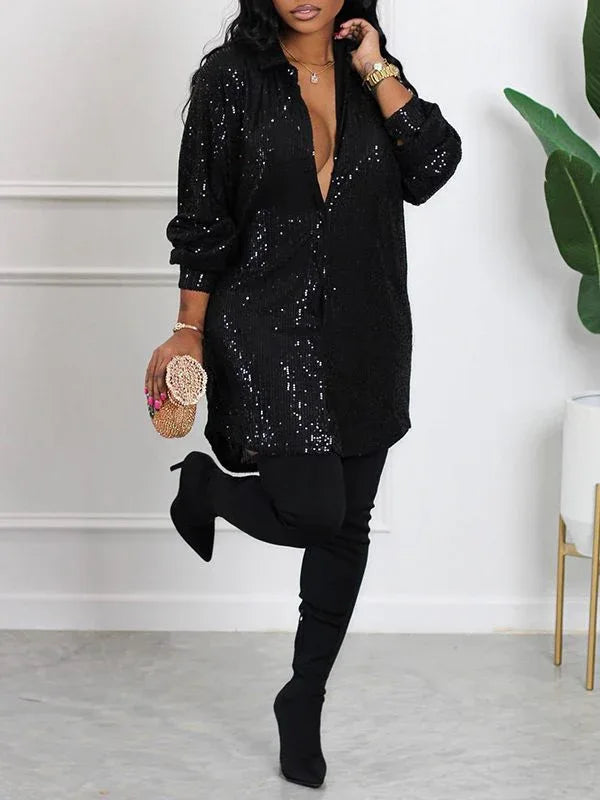 Women's Sequin Shirt Midi Dress