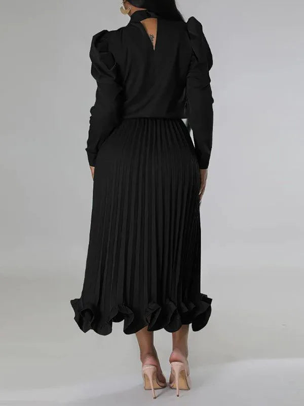Women's Puff-Sleeve Crop Top & High-Waist Pleated Skirt Set