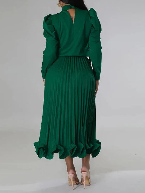 Women's Puff-Sleeve Crop Top & High-Waist Pleated Skirt Set
