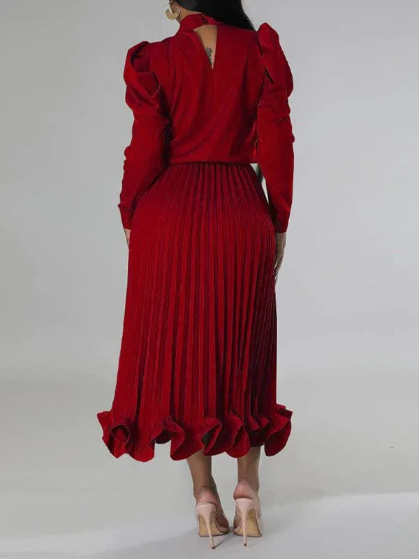 Women's Puff-Sleeve Crop Top & High-Waist Pleated Skirt Set