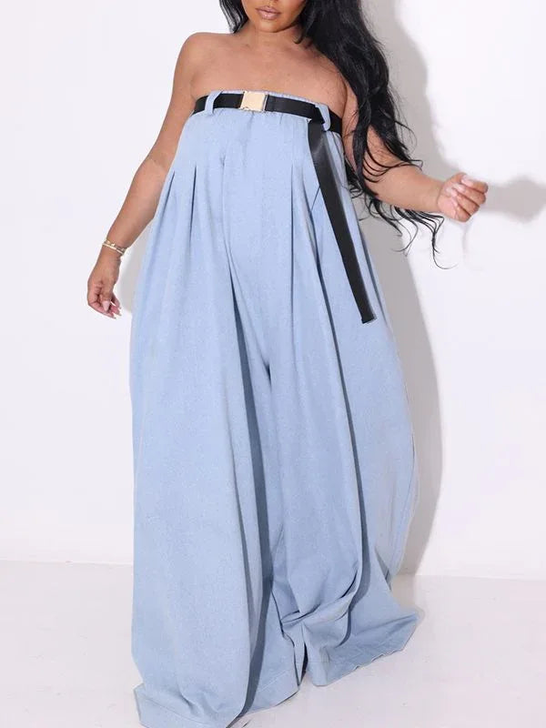 Women's Strapless Belted Wide-Leg Jumpsuit