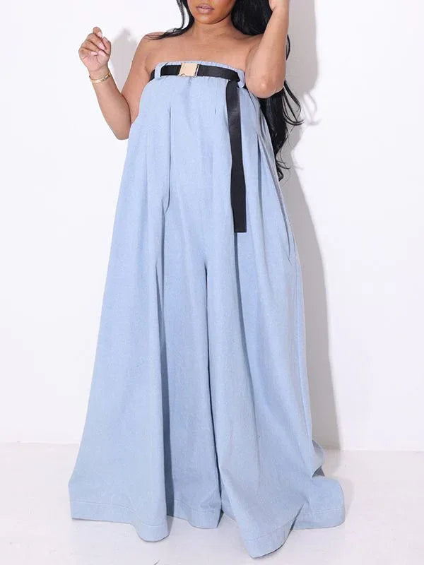 Women's Strapless Belted Wide-Leg Jumpsuit